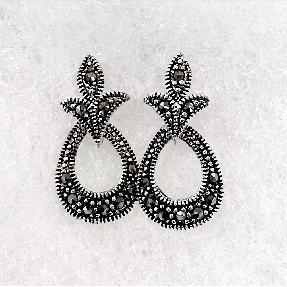 Fleur De Lis Style Marcasite Sterling Silver Drop Earrings - Picture 7 of 7